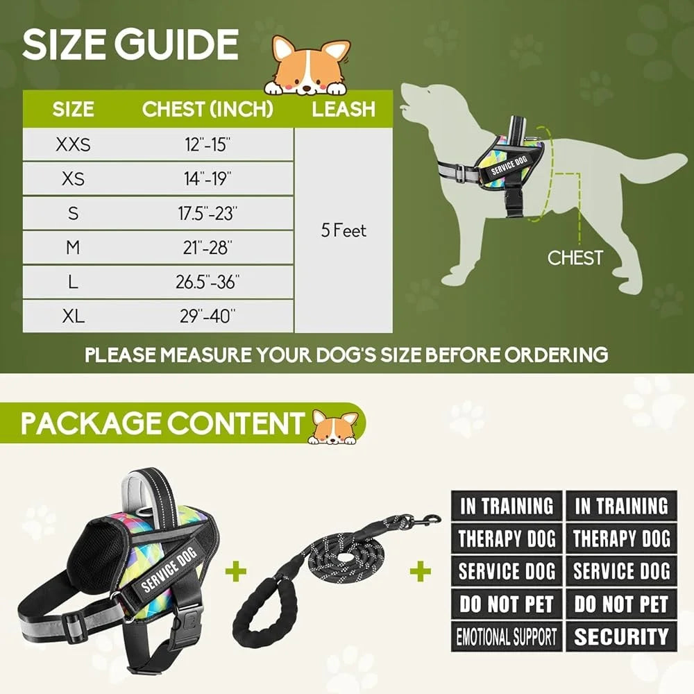 Service Dog Harness Leash Set Reflective No Pull 10 Patches