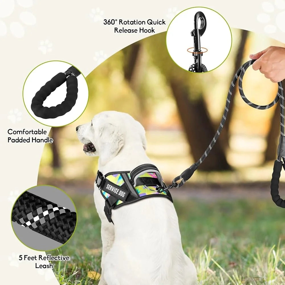 Service Dog Harness Leash Set Reflective No Pull 10 Patches