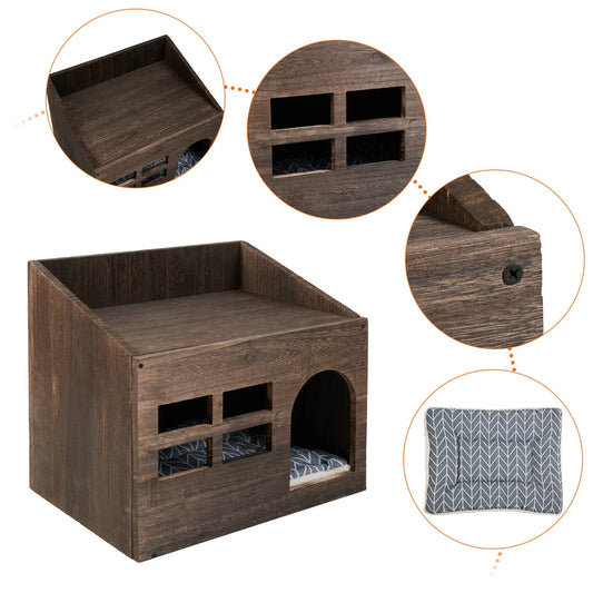 Bingopawcn Wooden Cat Cave Bed With Cushion Pad Indoor Cats