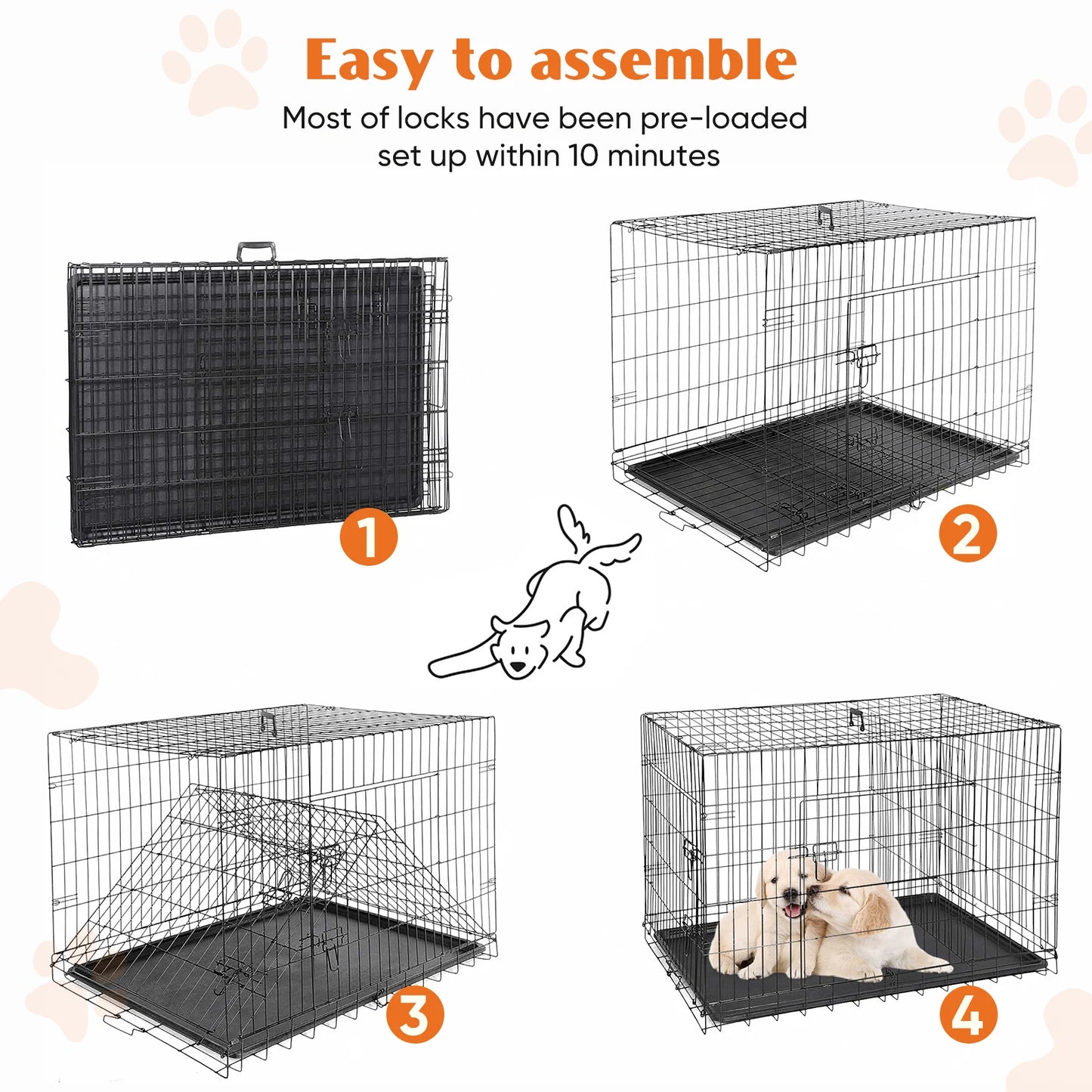 JHK Double Door Folding Metal Wire Dog Cage With Pan Tray