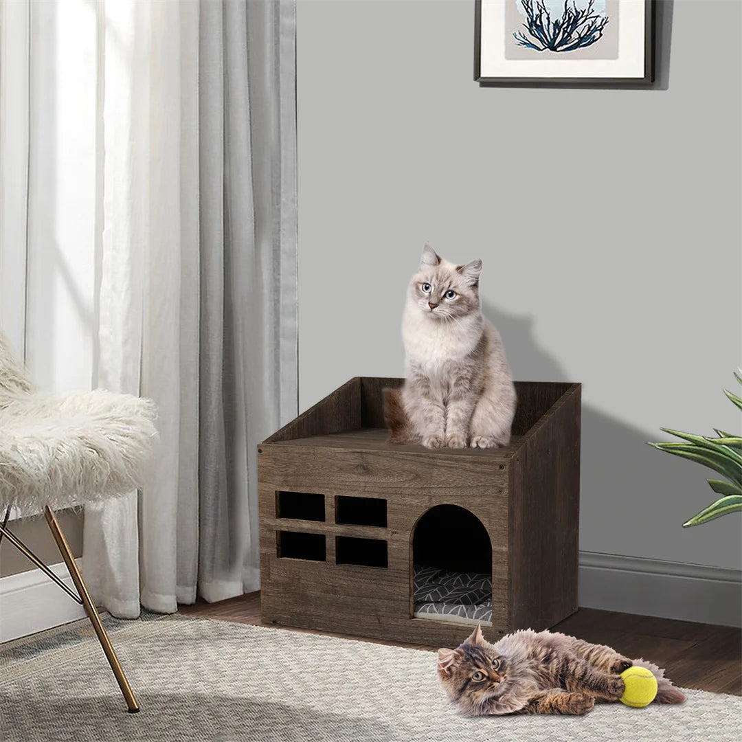 Bingopawcn Wooden Cat Cave Bed With Cushion Pad Indoor Cats