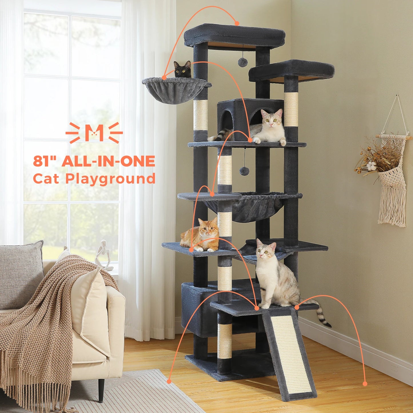 PAWZ Road Cat Tree Sisal Scratching Post With Hammock