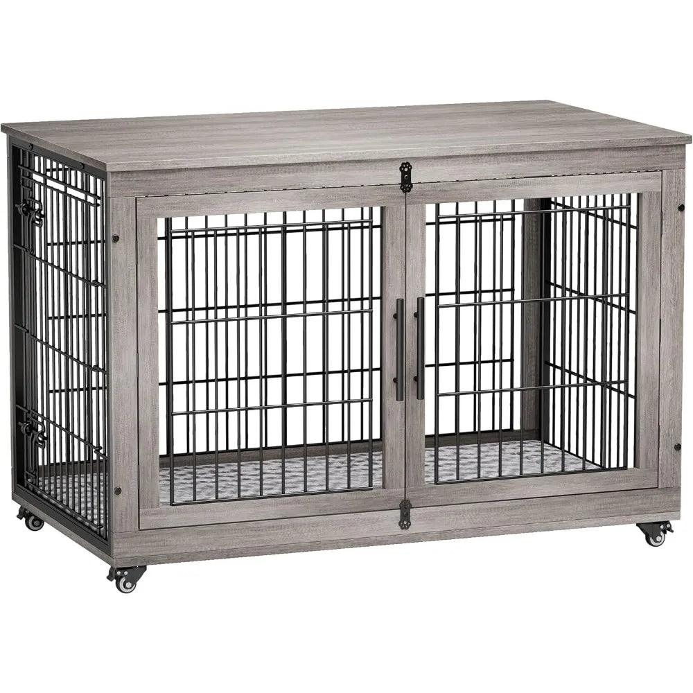MKDK Wooden Dog Crate with Double Doors and Cushion