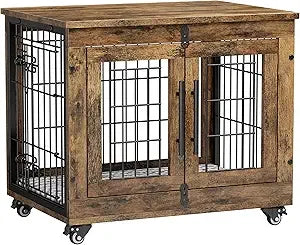 MKDK Wooden Dog Crate with Double Doors and Cushion