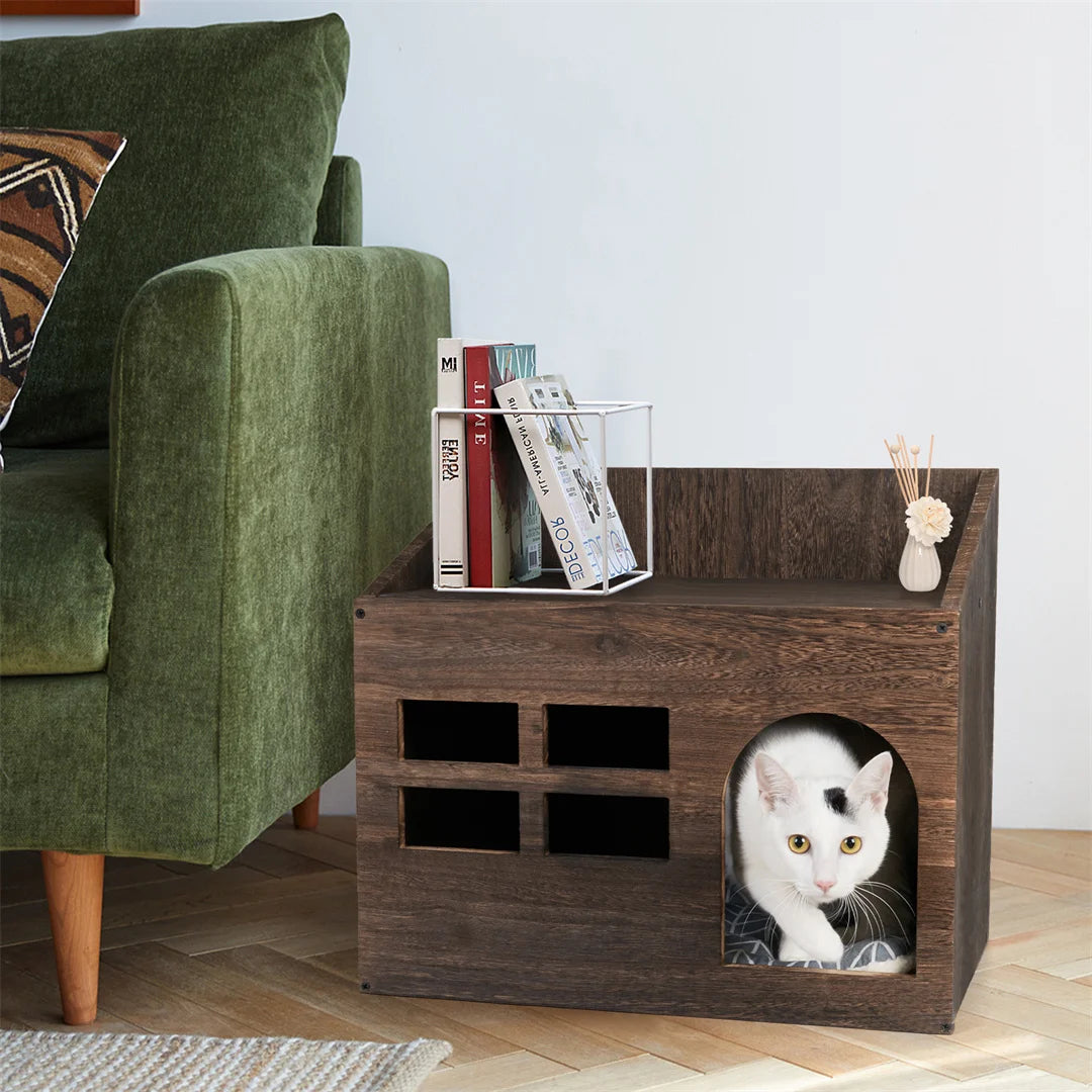 Bingopawcn Wooden Cat Cave Bed With Cushion Pad Indoor Cats
