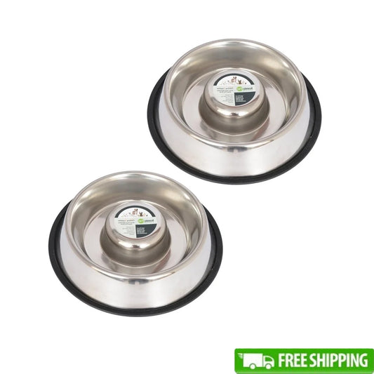 XMSJ Slow Feed Stainless Steel Pet Bowls Set Two Pack