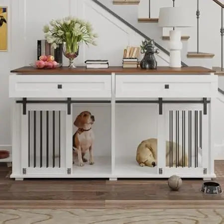 MKDK Double Dog Kennel Furniture For Two Dogs With Drawers
