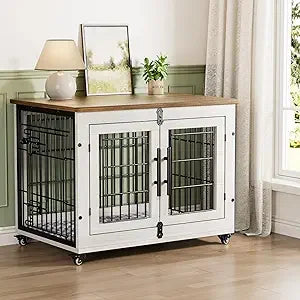 MKDK Wooden Dog Crate with Double Doors and Cushion