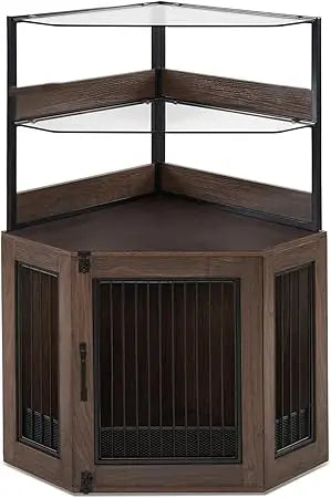 MKDK Corner Dog Crate Furniture With Glass Shelves