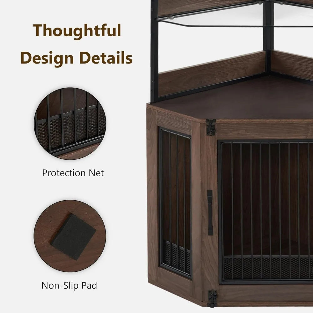 MKDK Corner Dog Crate Furniture With Glass Shelves