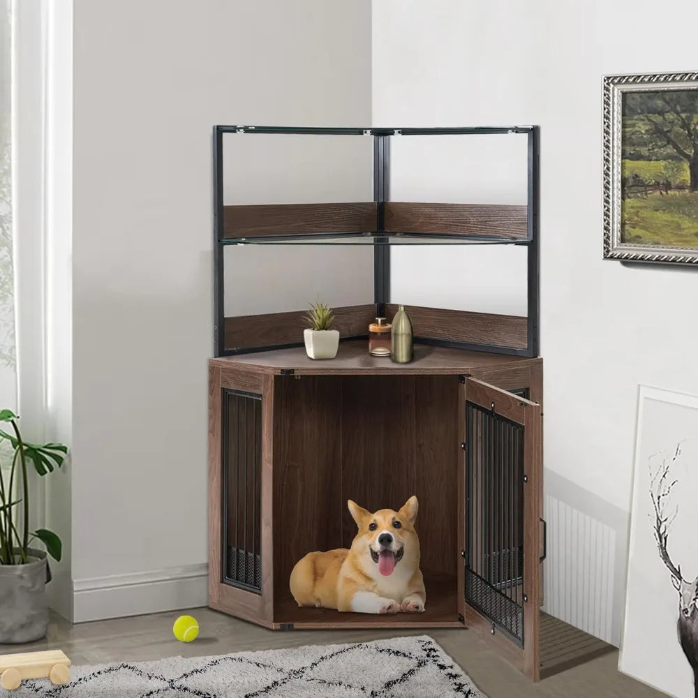 MKDK Corner Dog Crate Furniture With Glass Shelves