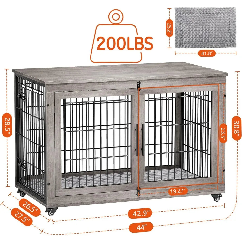 MKDK Wooden Dog Crate with Double Doors and Cushion