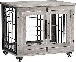 MKDK Wooden Dog Crate with Double Doors and Cushion