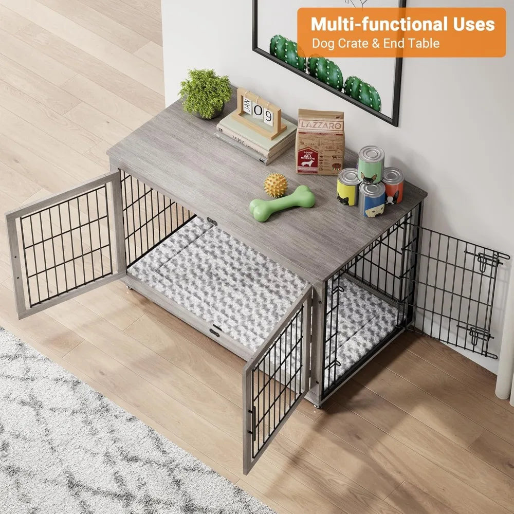 MKDK Wooden Dog Crate with Double Doors and Cushion