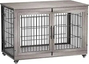 MKDK Wooden Dog Crate with Double Doors and Cushion