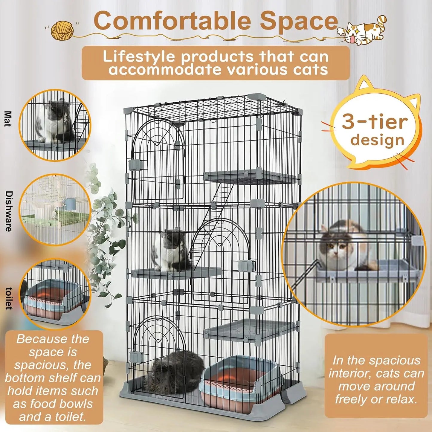 Closure Cat Cage Indoor Enclosure 3 Tier Playpen For Cats