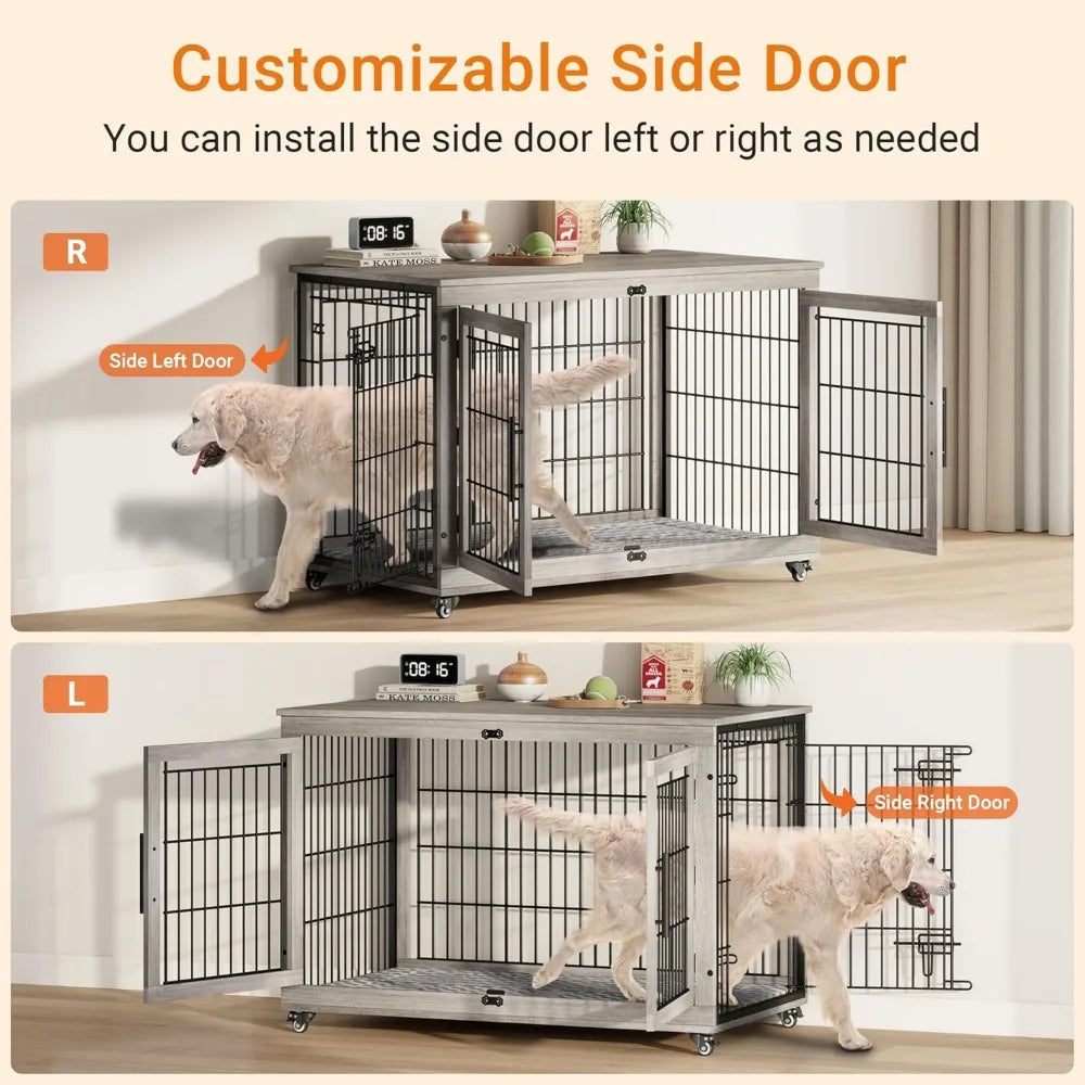 MKDK Wooden Dog Crate with Double Doors and Cushion