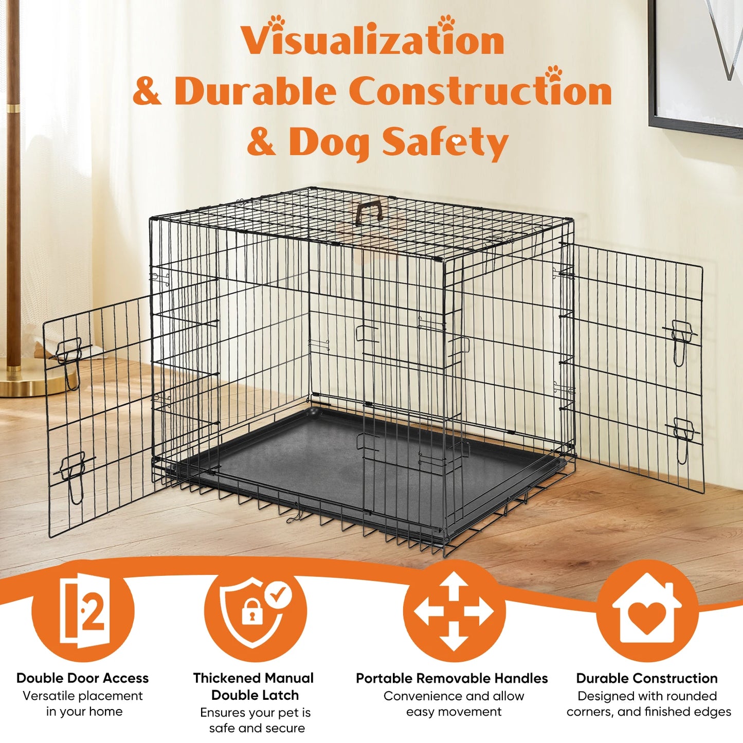 JHK Double Door Folding Metal Wire Dog Cage With Pan Tray