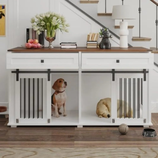 MKDK Double Dog Kennel Furniture For Two Dogs With Drawers