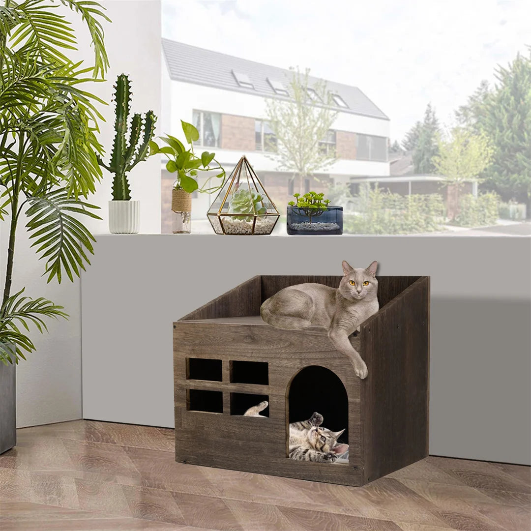 Bingopawcn Wooden Cat Cave Bed With Cushion Pad Indoor Cats