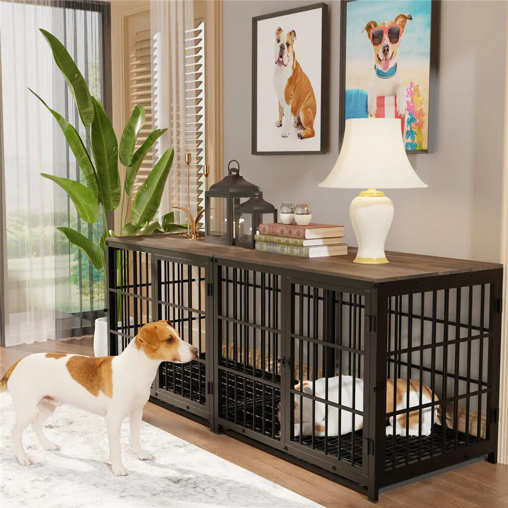 BINGOPAW Heavy Duty Dog Kennel Metal Wood Crate End Table