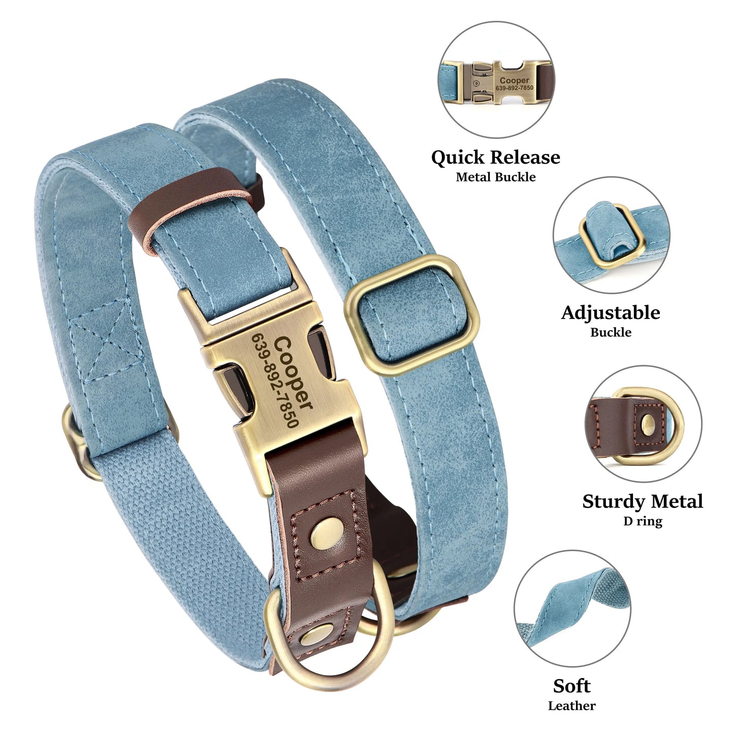 Didog PU Leather Dog Collar Engraved ID Necklace Adjustable