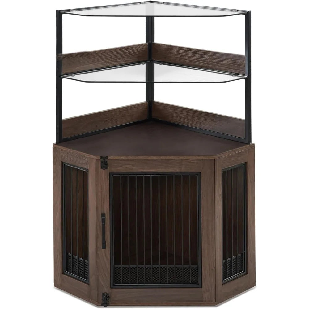 MKDK Corner Dog Crate Furniture With Glass Shelves
