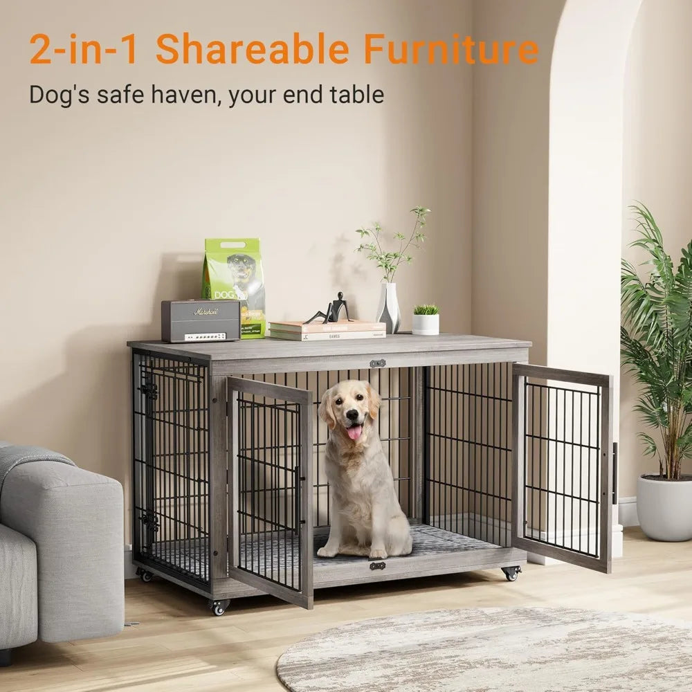 MKDK Wooden Dog Crate with Double Doors and Cushion