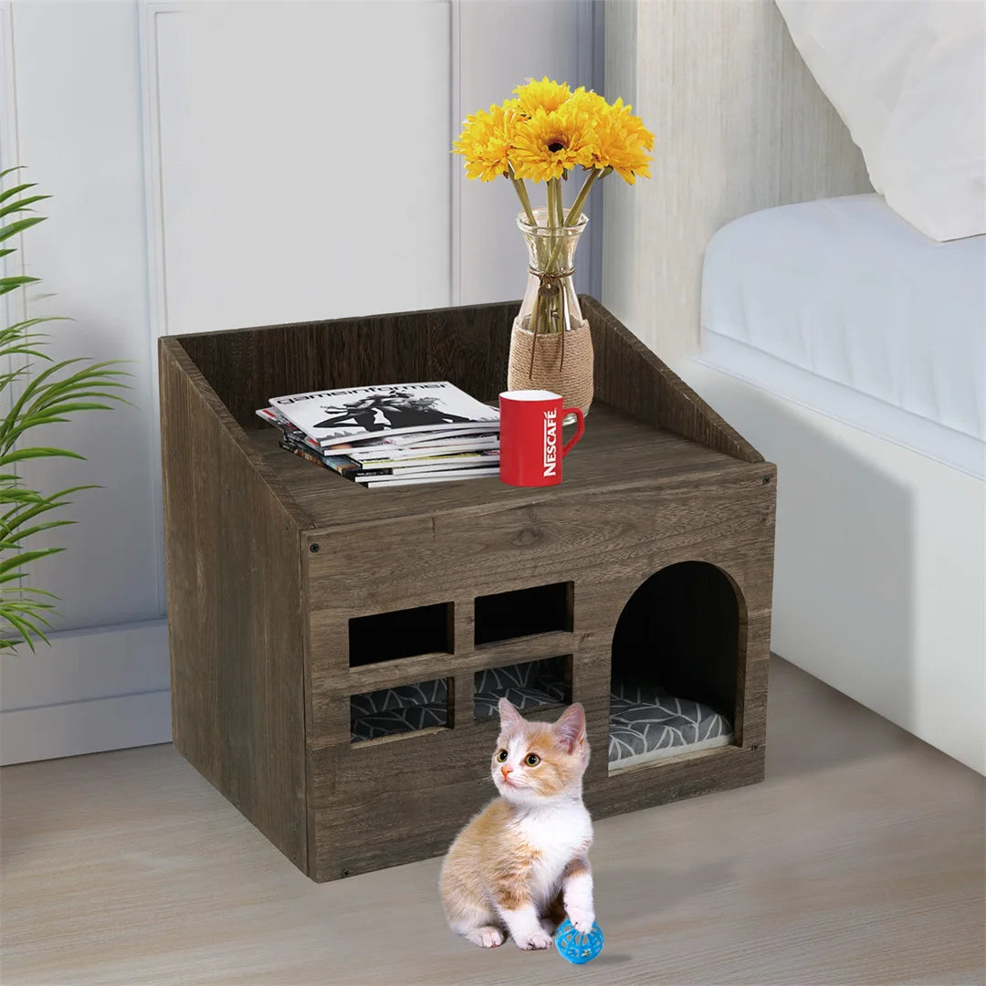 Bingopawcn Wooden Cat Cave Bed With Cushion Pad Indoor Cats
