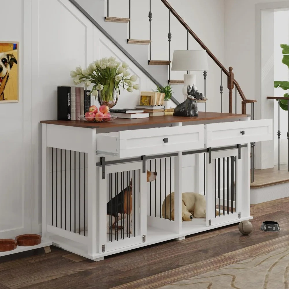 MKDK Double Dog Kennel Furniture For Two Dogs With Drawers