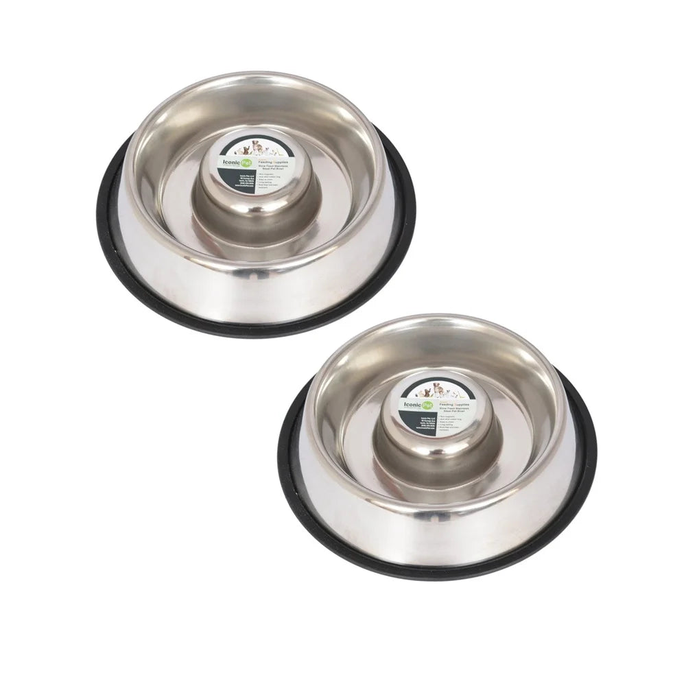 XMSJ Slow Feed Stainless Steel Pet Bowls Set Two Pack