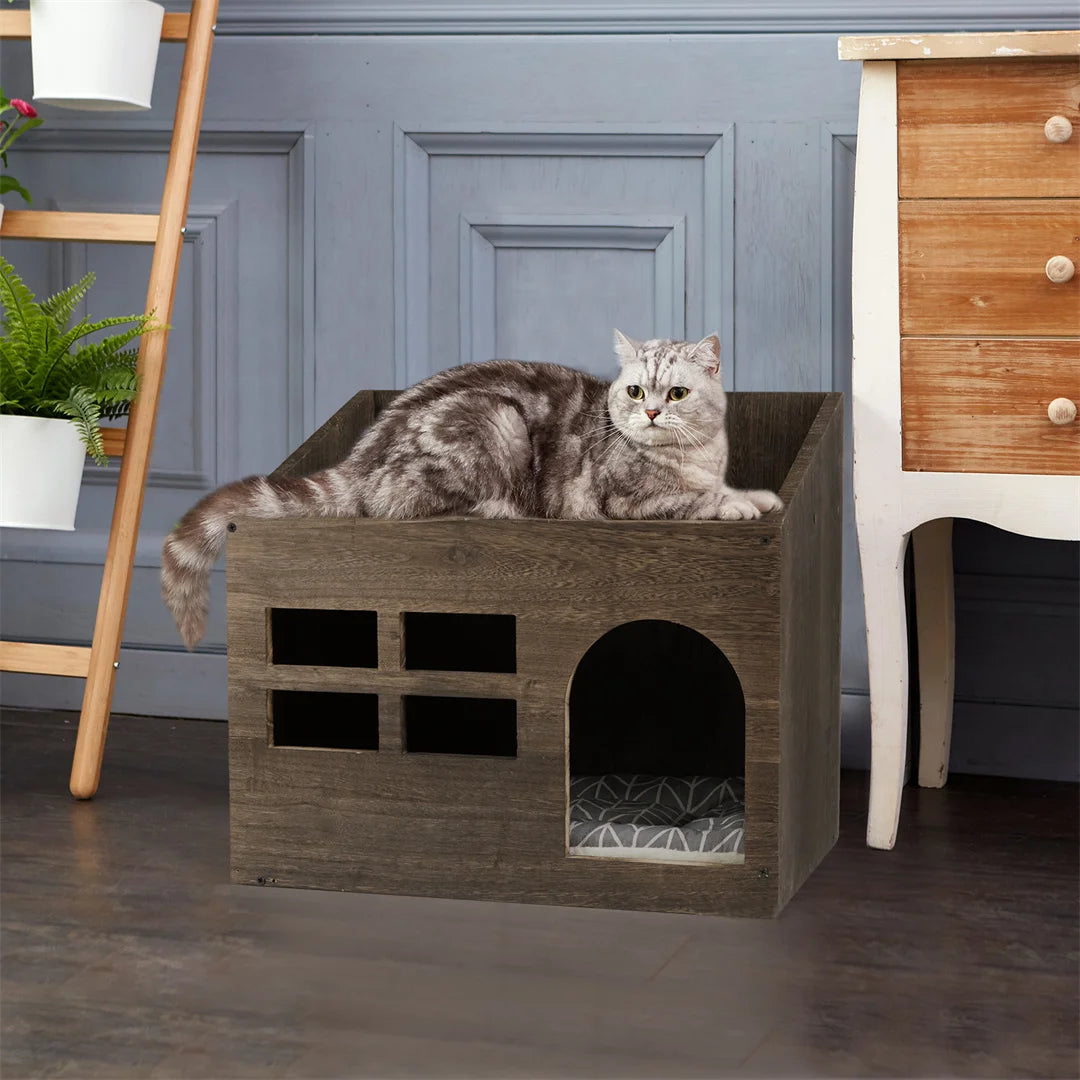 Bingopawcn Wooden Cat Cave Bed With Cushion Pad Indoor Cats