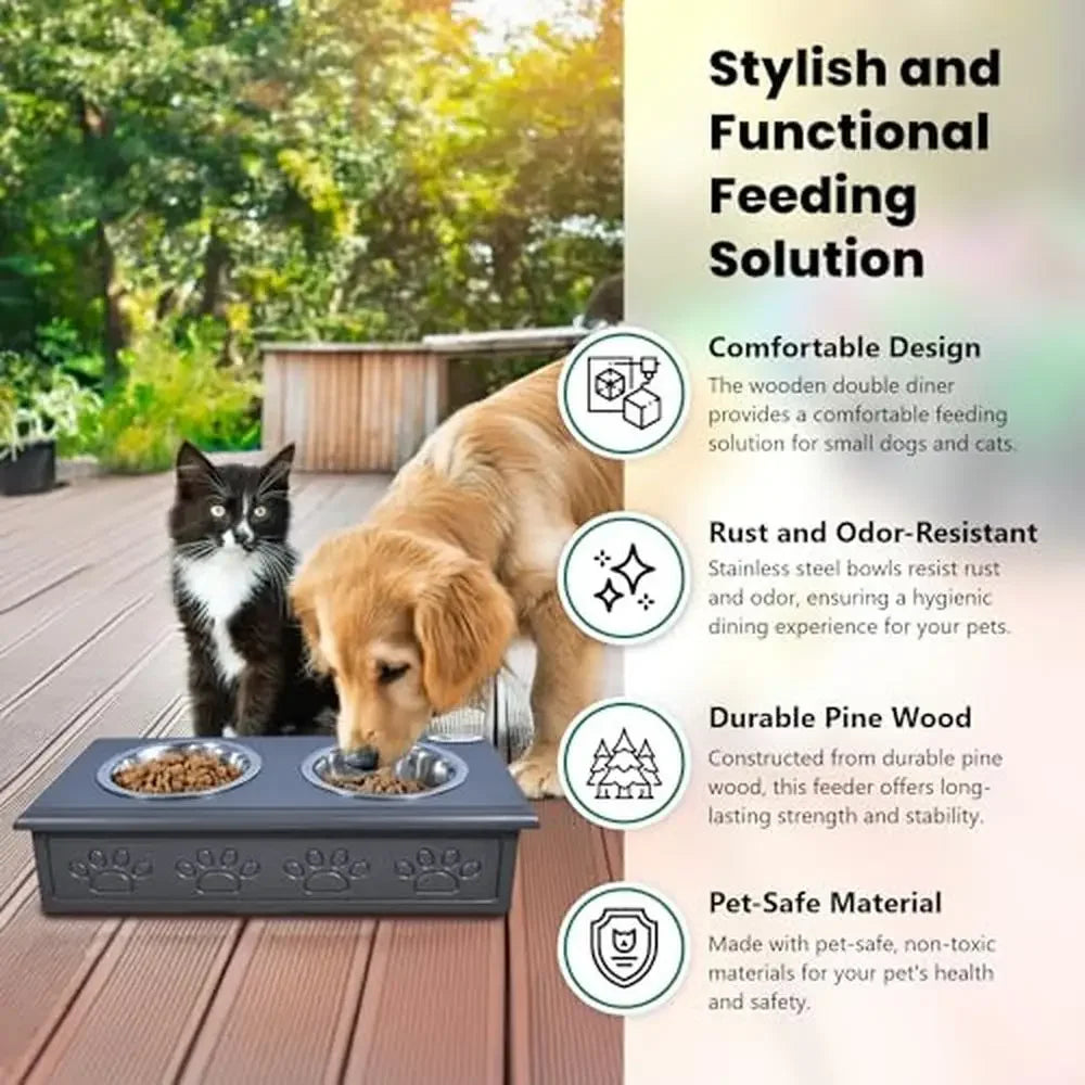 PDQ Wooden Pet Double Diner With Stainless Steel Bowls