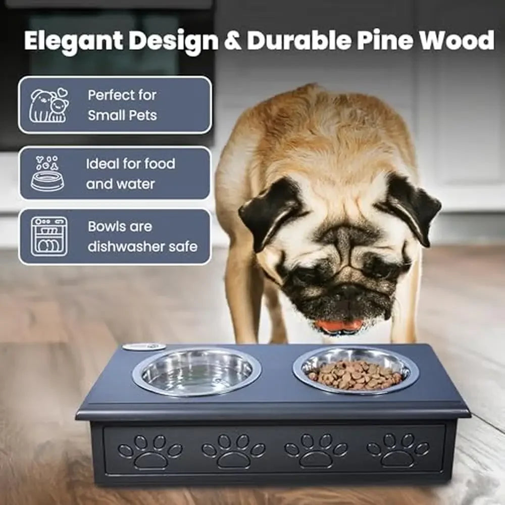 PDQ Wooden Pet Double Diner With Stainless Steel Bowls