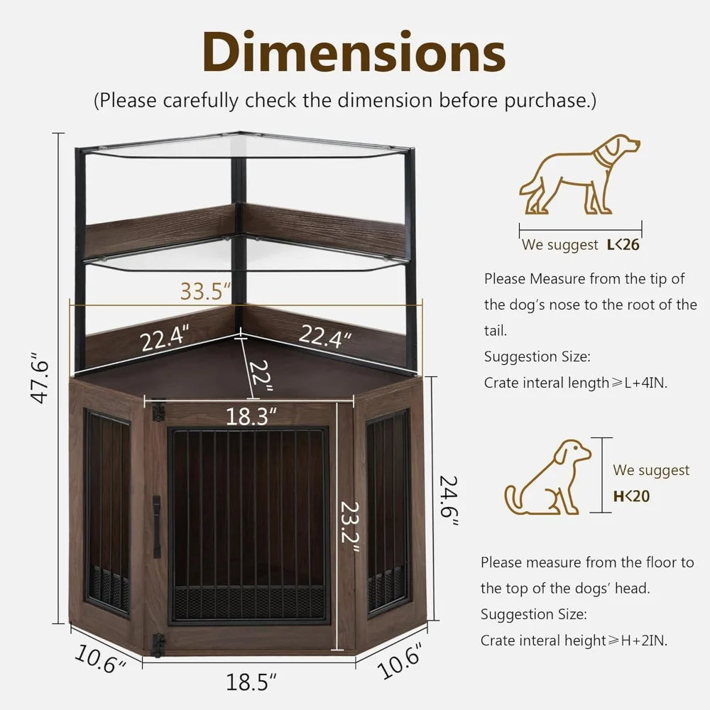 MKDK Corner Dog Crate Furniture With Glass Shelves