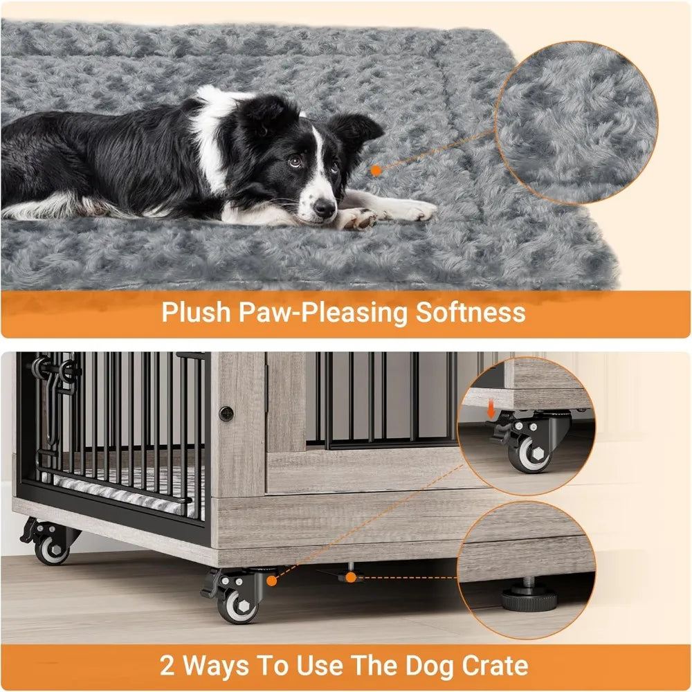 MKDK Wooden Dog Crate with Double Doors and Cushion