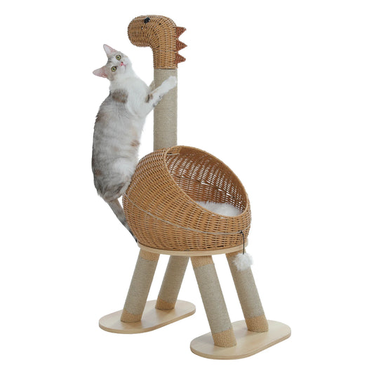 PAWZ Road Dinosaur Cat Tree Tower With Sisal Scratching Post Large Rattan Cat Condo Indoor Wicker Bed