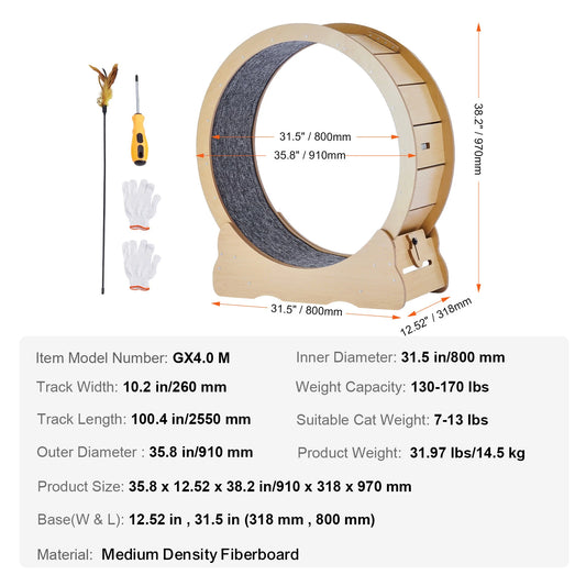 SucceBuy Wooden Cat Exercise Wheel Indoor Running Wheel With Detachable Carpet And Cat Teaser