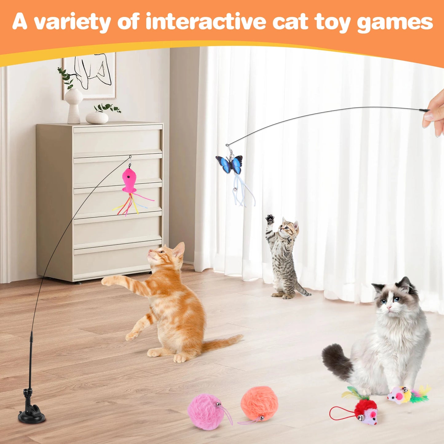 APWIKOGER Pet Cat Toy Set Teaser Stick with Detachable Head