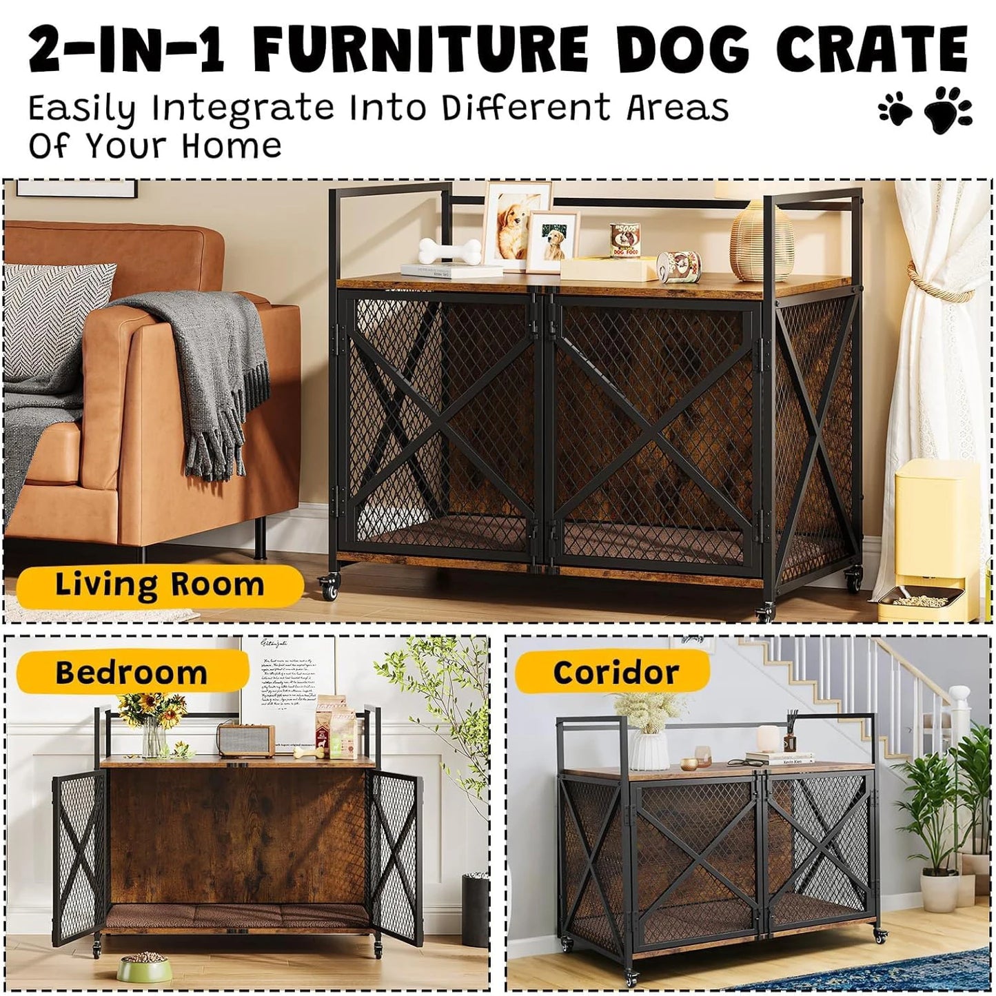 DishyKooker Ultra Solid Wood Dog Crate Furniture EndTableWithStorage LockingCasterWheels