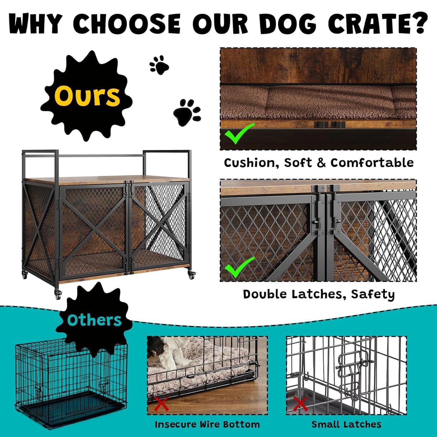 DishyKooker Ultra Solid Wood Dog Crate Furniture EndTableWithStorage LockingCasterWheels