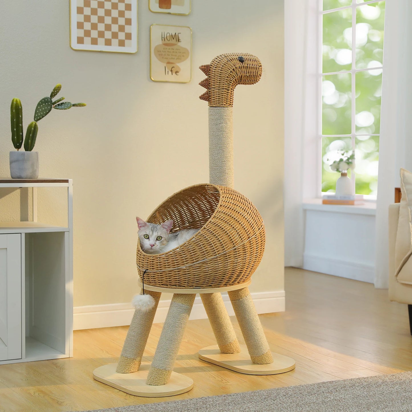 PAWZ Road Dinosaur Cat Tree Tower With Sisal Scratching Post Large Rattan Cat Condo Indoor Wicker Bed